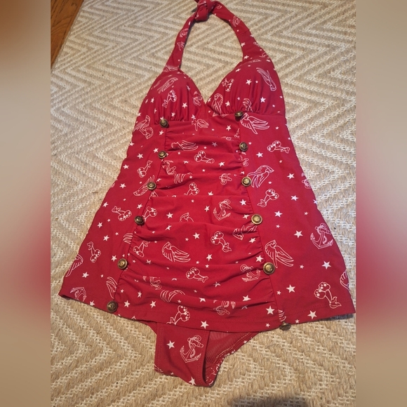Hot Topic Skull RETRO RED 1PC SWIM SUIT SWIMSUIT SM Anchor Swallows Cherries - Picture 5 of 9